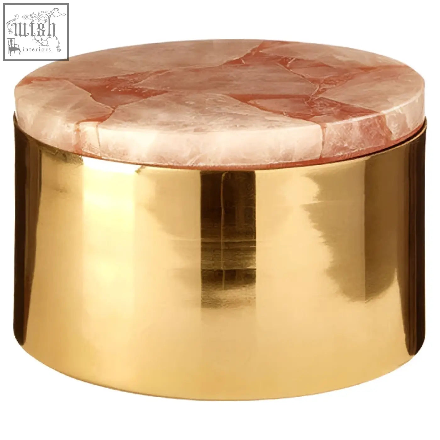 Large quartz trinket box with gold finish and pink white marbled stone lid perfect for stylish storage