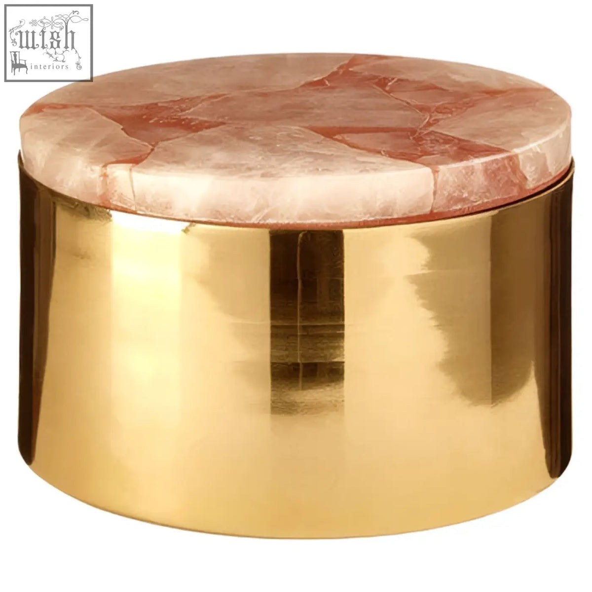 Large quartz trinket box with gold finish and pink white marbled stone lid perfect for stylish storage