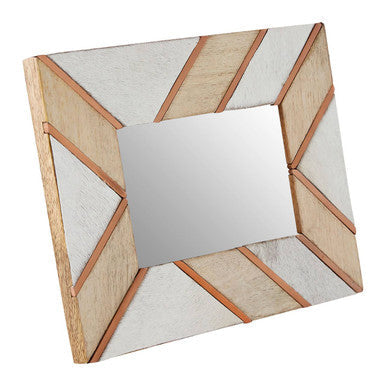 Rectangular photo frame with light wood geometric frame white textured panels and copper-colored strips for small photos
