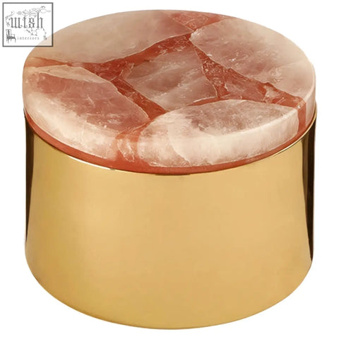 Bowerbird small quartz trinket box with a gold-toned metal body and a rose quartz stone lid