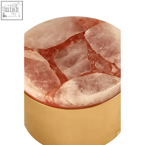 Bowerbird small quartz trinket box with a cylindrical pink rose quartz top and polished gold metallic base