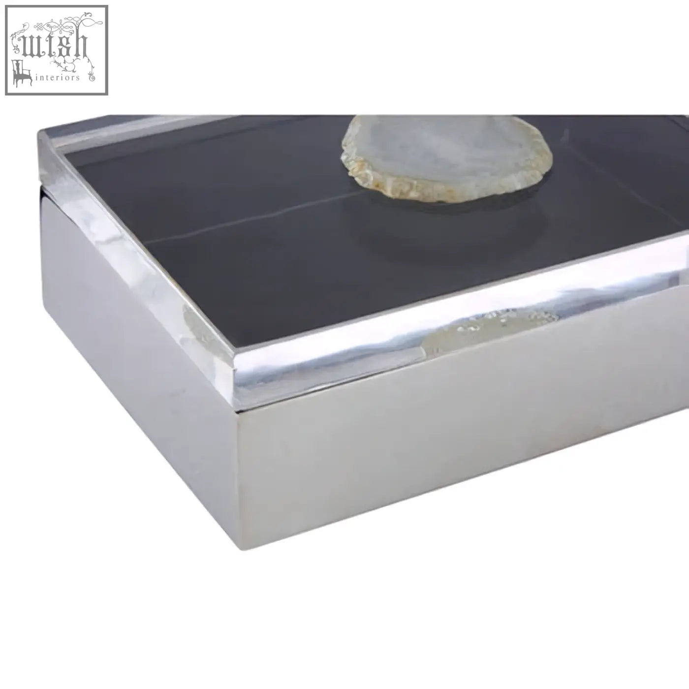 Silver rectangular bowerbird white agate large trinket box with black polished top and smooth reflective finish