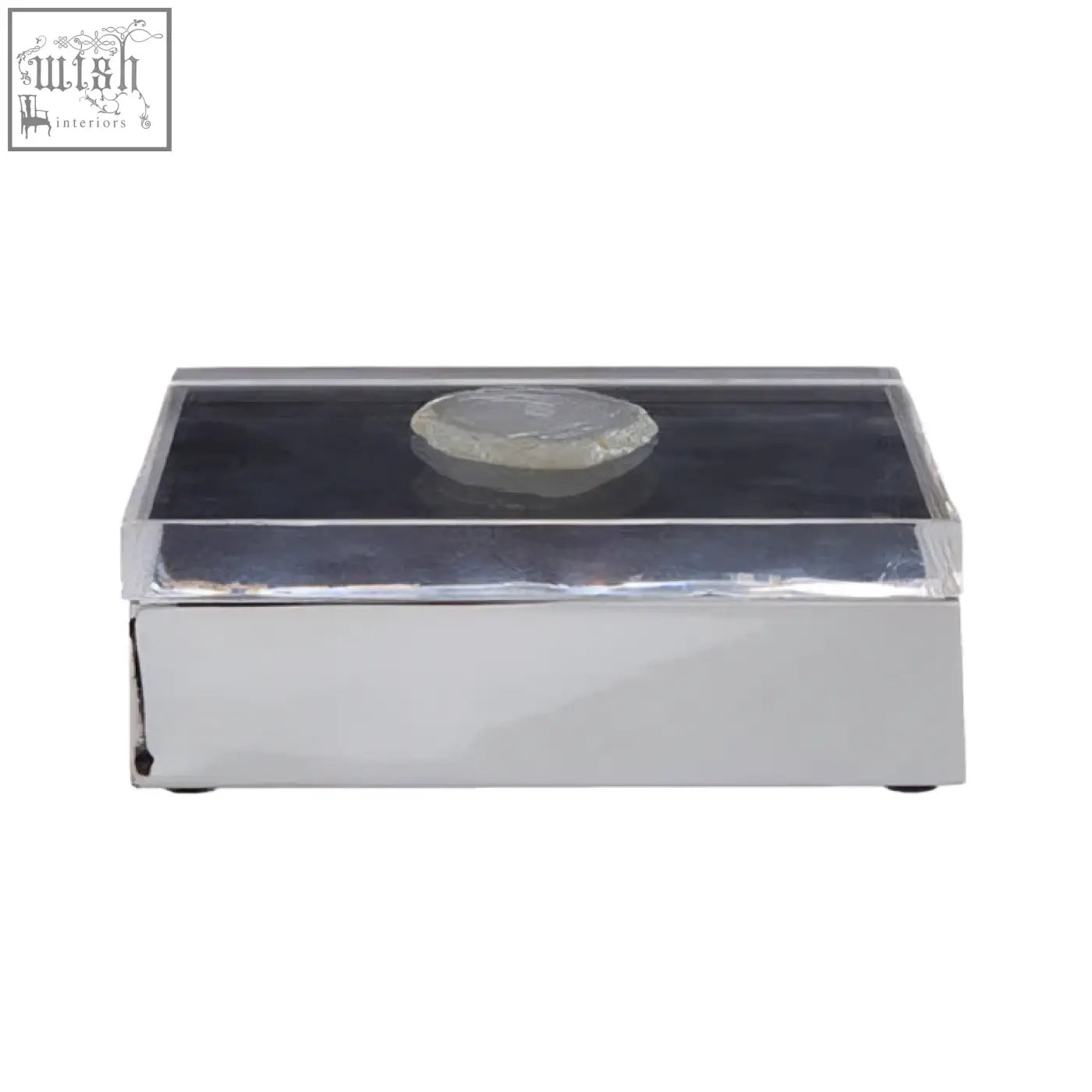 Silver rectangular bowerbird white agate trinket box with clear glass top and circular silver medallion center
