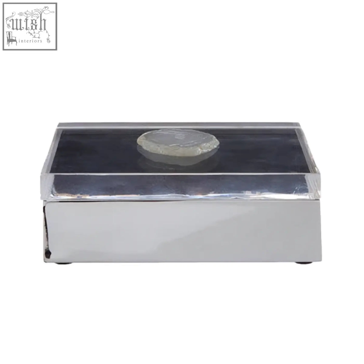 Silver rectangular bowerbird white agate trinket box with clear glass top and circular silver medallion center