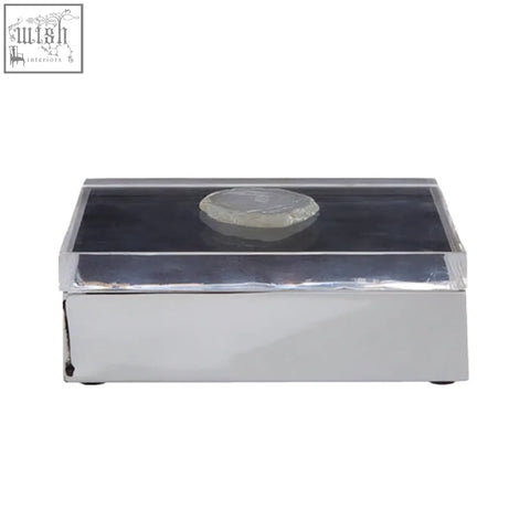 Silver rectangular bowerbird white agate trinket box with clear glass top and circular silver medallion center