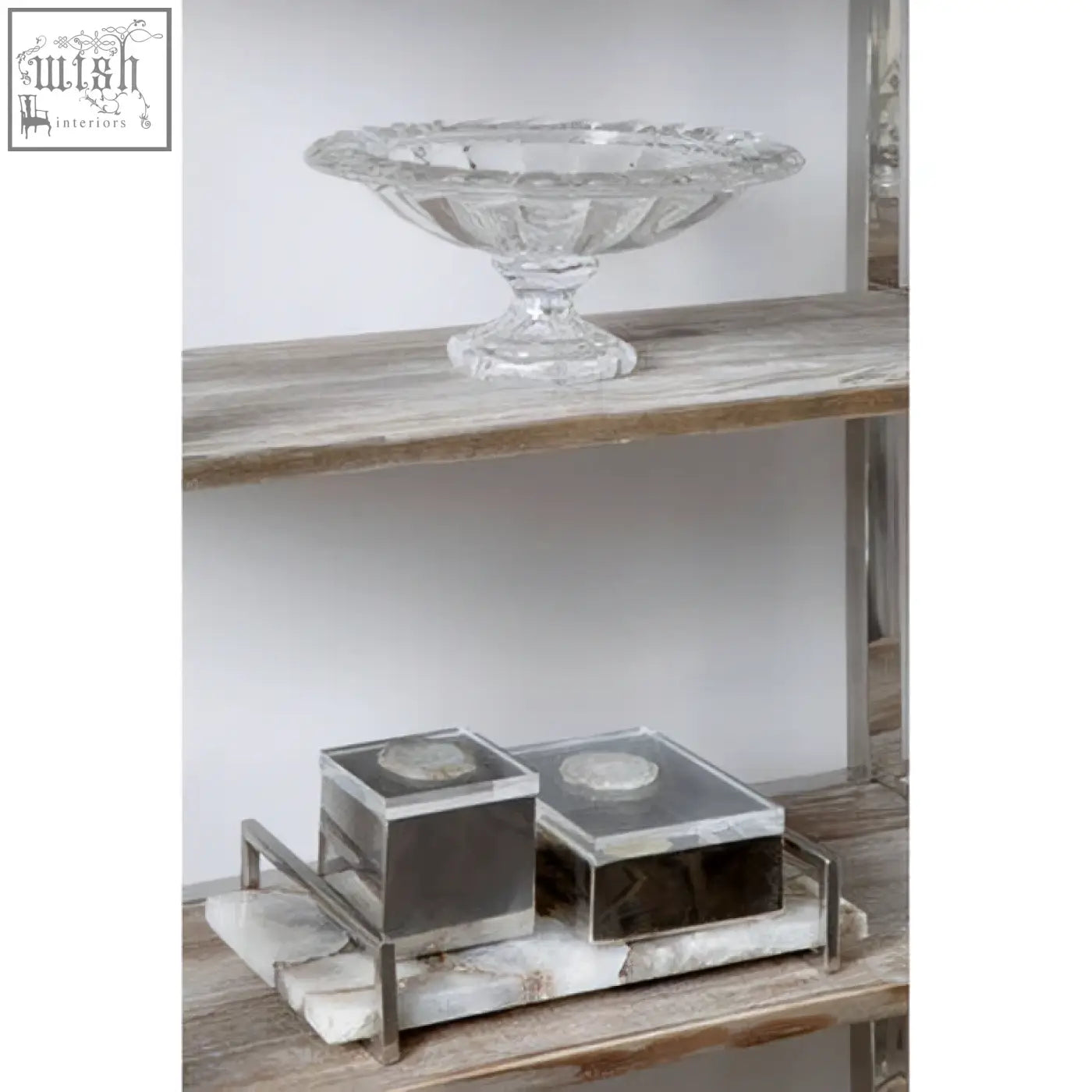 Clear crystal bowl with fluted rim and pedestal base in the bowerbird white agate large trinket box style