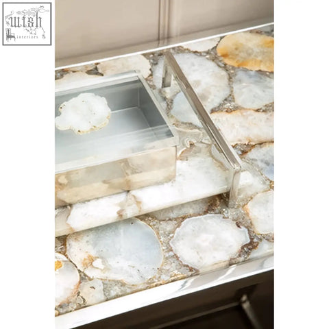Silver rectangular tray with clear glass insert and frosted white agate accents from bowerbird white agate trinket box