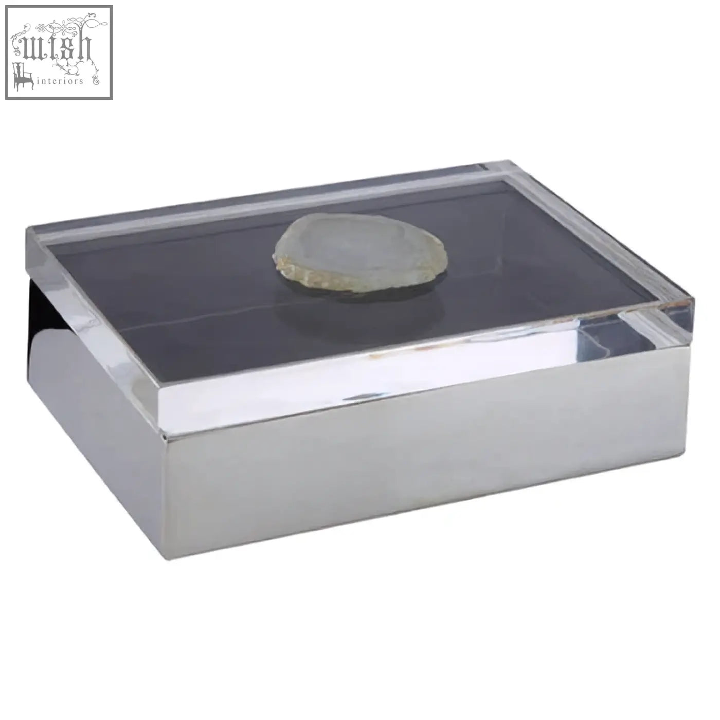 A sleek silver-toned metal trinket box with a clear acrylic lid featuring bowerbird white agate accents