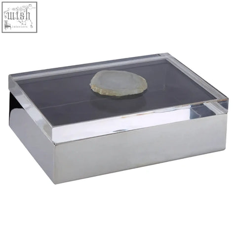 A sleek silver-toned metal trinket box with a clear acrylic lid featuring bowerbird white agate accents