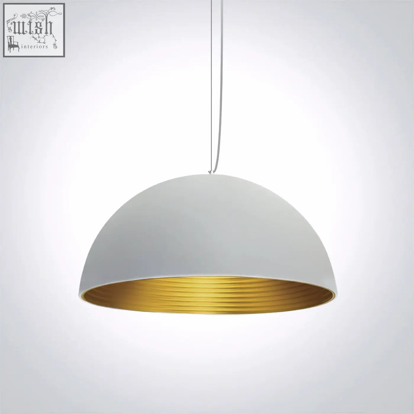 A modern bowl shade pendant with a white matte exterior and gold-lined ridged interior from bowl shade pendant range 63022a