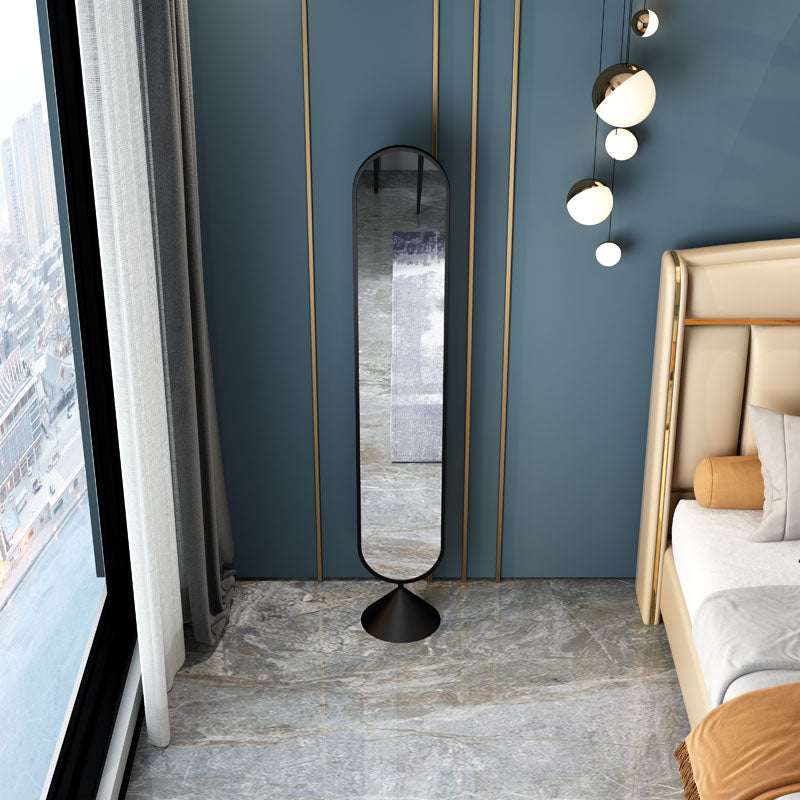 Black metal length mirror with sleek elongated oval frame and conical base perfect for full body reflection