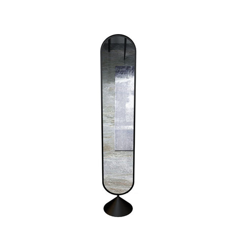 Black metal length mirror with sleek elongated oval frame and matching conical base from boxford full length mirror