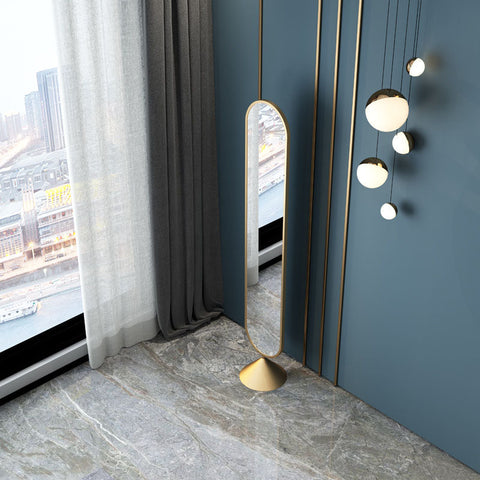 Gold-framed boxford full length mirror with an oval shape and conical base perfect for bedroom or dressing room use