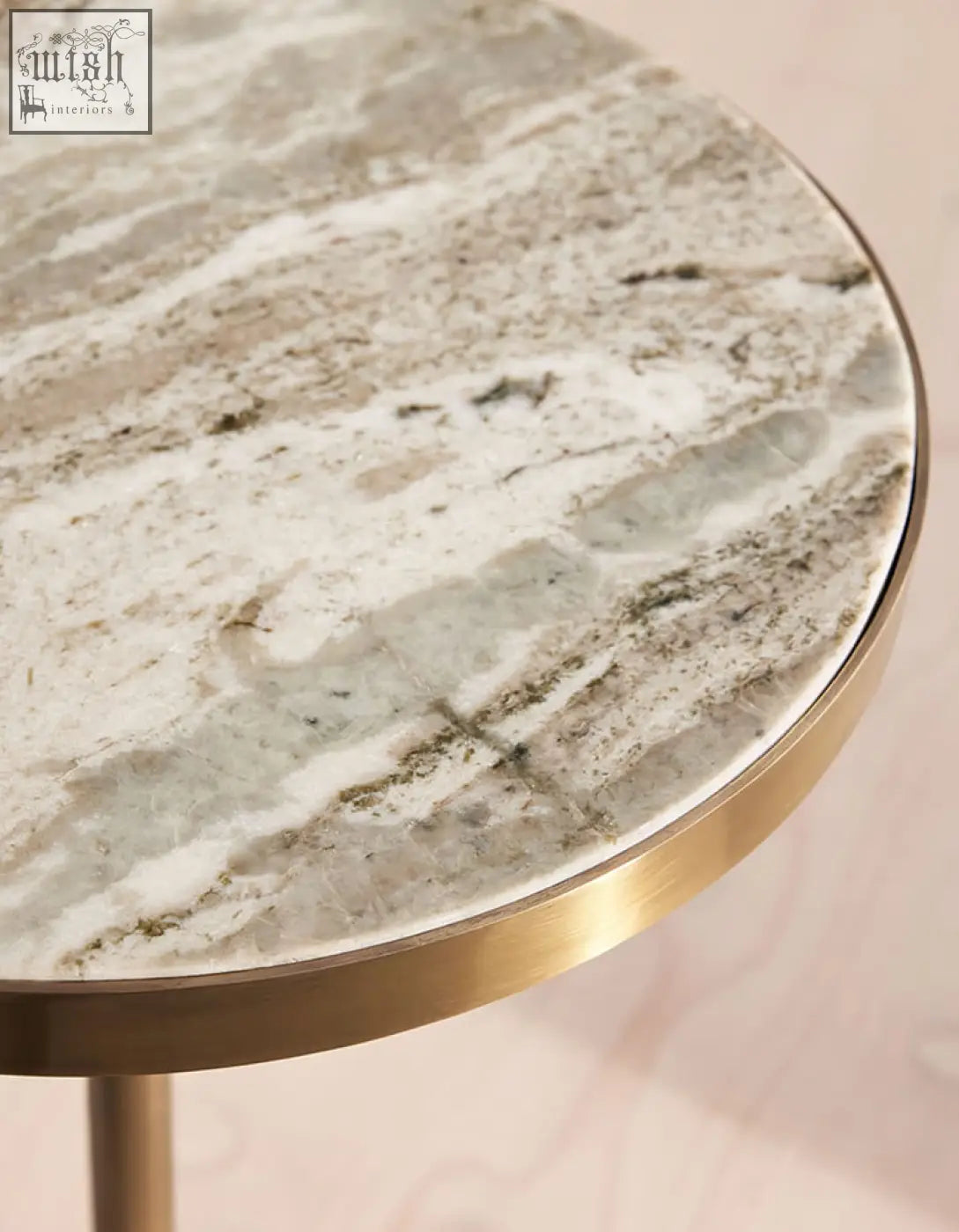 Bozkurt side table with round polished gray and white marble top and sleek brass edge offering easy financing options