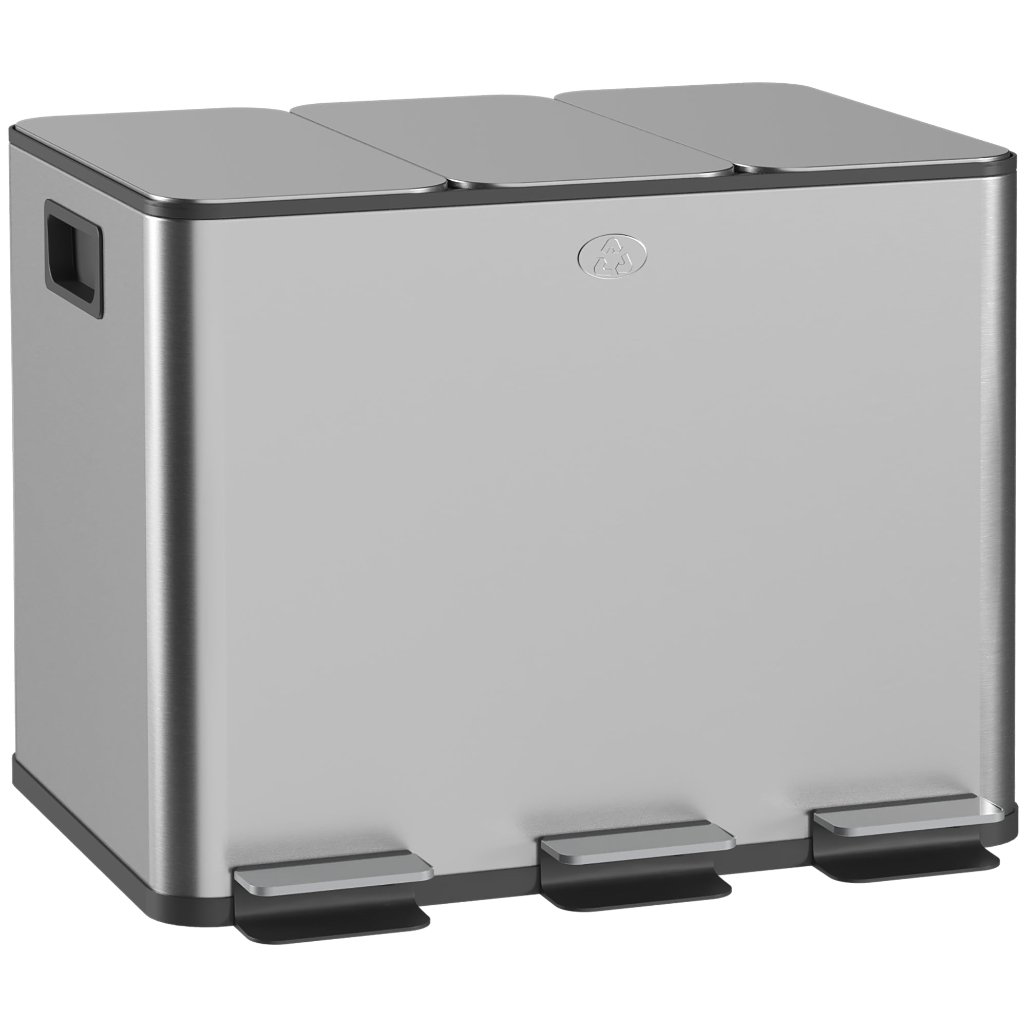 HOMCOM 3 x 20L Pedal Bin, Steel Triple Kitchen Bin with Soft Close Lid, Removable Inner Buckets, Fingerprint-Proof, Silver Tone