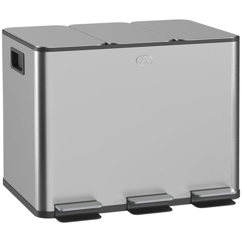 HOMCOM 3 x 20L Pedal Bin, Steel Triple Kitchen Bin with Soft Close Lid, Removable Inner Buckets, Fingerprint-Proof, Silver Tone