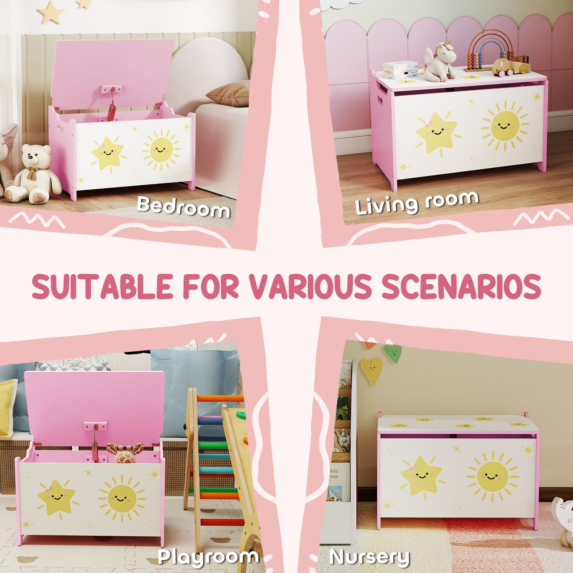AIYAPLAY Toy Box with Lid, Safety Hinges and Groove Handles, Toy Storage organiser for Kids, Living Room, Playroom, Pink