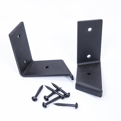 Black metal corner l-brackets with pre-drilled holes and matching screws for metal corner shelf support