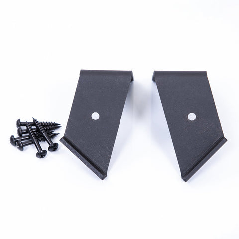 Black metal corner shelf brackets with matte finish and central hole with matching black screws for corner shelves
