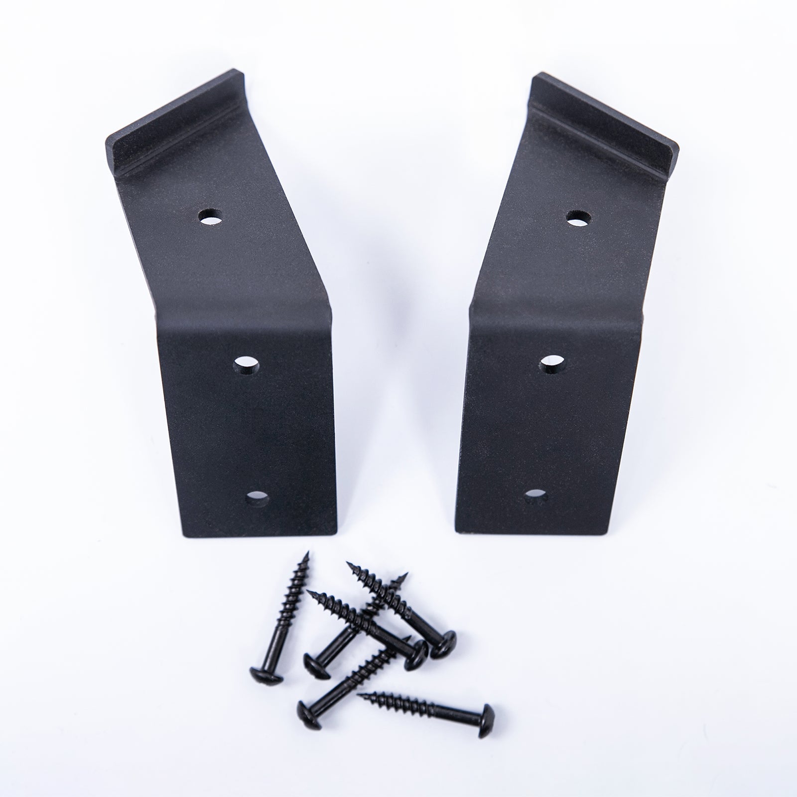 Black metal corner shelf brackets with three pre drilled holes and matching screws for sturdy corner shelf support