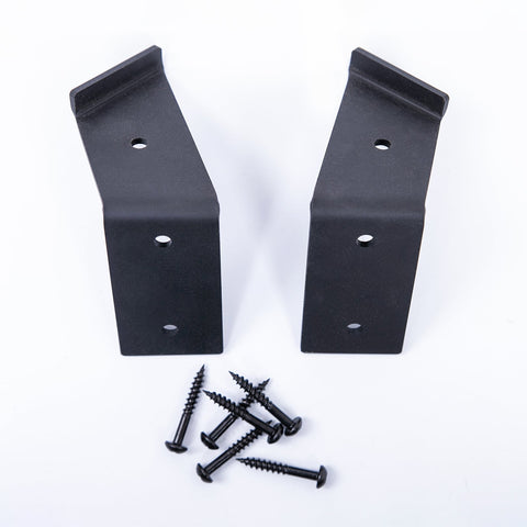 Black metal corner shelf brackets with three pre drilled holes and matching screws for sturdy corner shelf support