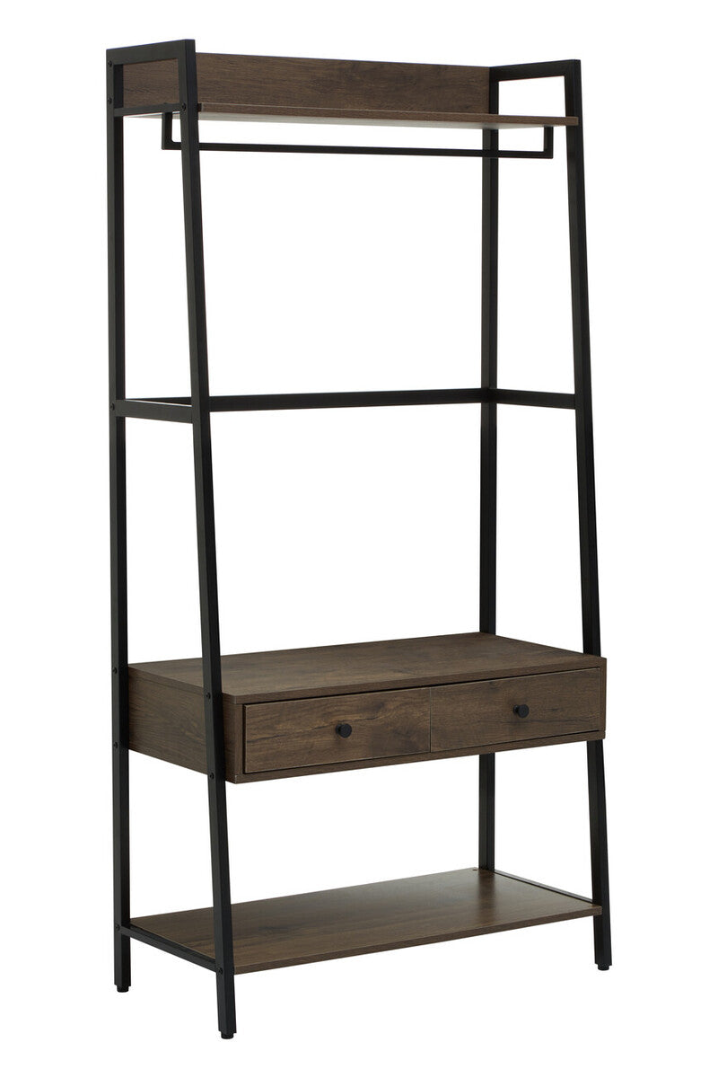 Black metal frame open wardrobe with dark oak shelves and a single drawer from bradbury dark oak collection