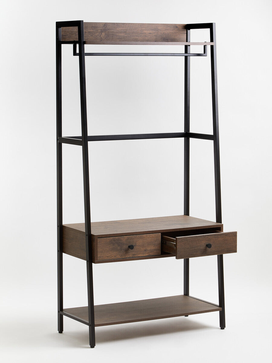 Black metal frame wardrobe with dark oak shelves and drawers in a modern industrial bradbury dark oak design