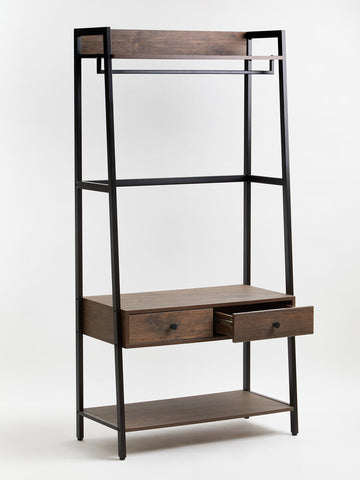 Black metal frame wardrobe with dark oak shelves and drawers in a modern industrial bradbury dark oak design