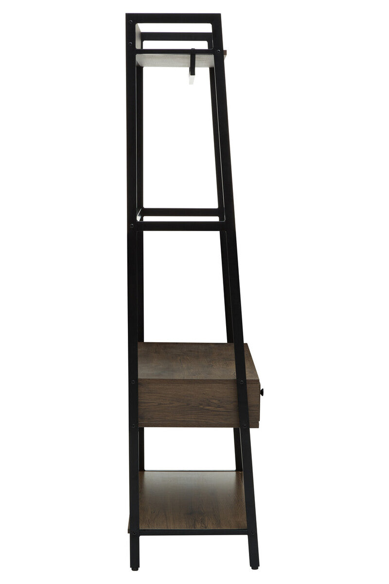 Black metal frame ladder shelf with wood toned shelves and drawer in bradbury dark oak effect finish
