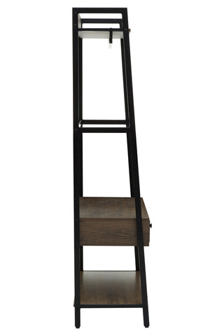 Black metal frame ladder shelf with wood toned shelves and drawer in bradbury dark oak effect finish