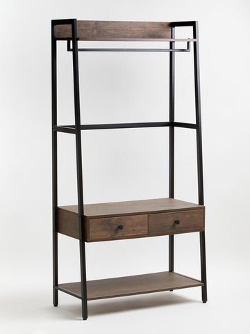 Black metal frame wardrobe with dark wood shelves and drawers in bradbury dark oak effect for modern storage
