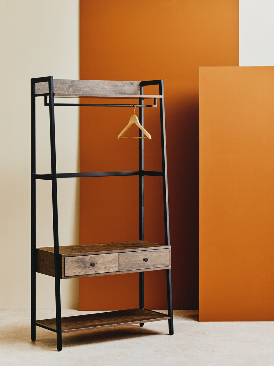 Black metal frame wardrobe with rustic gray wooden shelves and drawers in bradbury dark oak effect finish