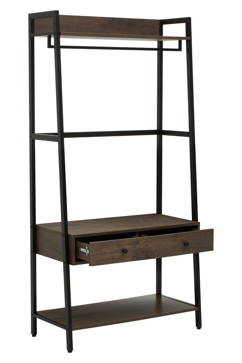 Black metal frame wardrobe with dark oak shelves and drawers featuring modern industrial bradbury dark oak design