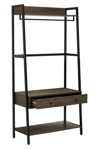 Black metal frame wardrobe with dark oak shelves and drawers featuring modern industrial bradbury dark oak design
