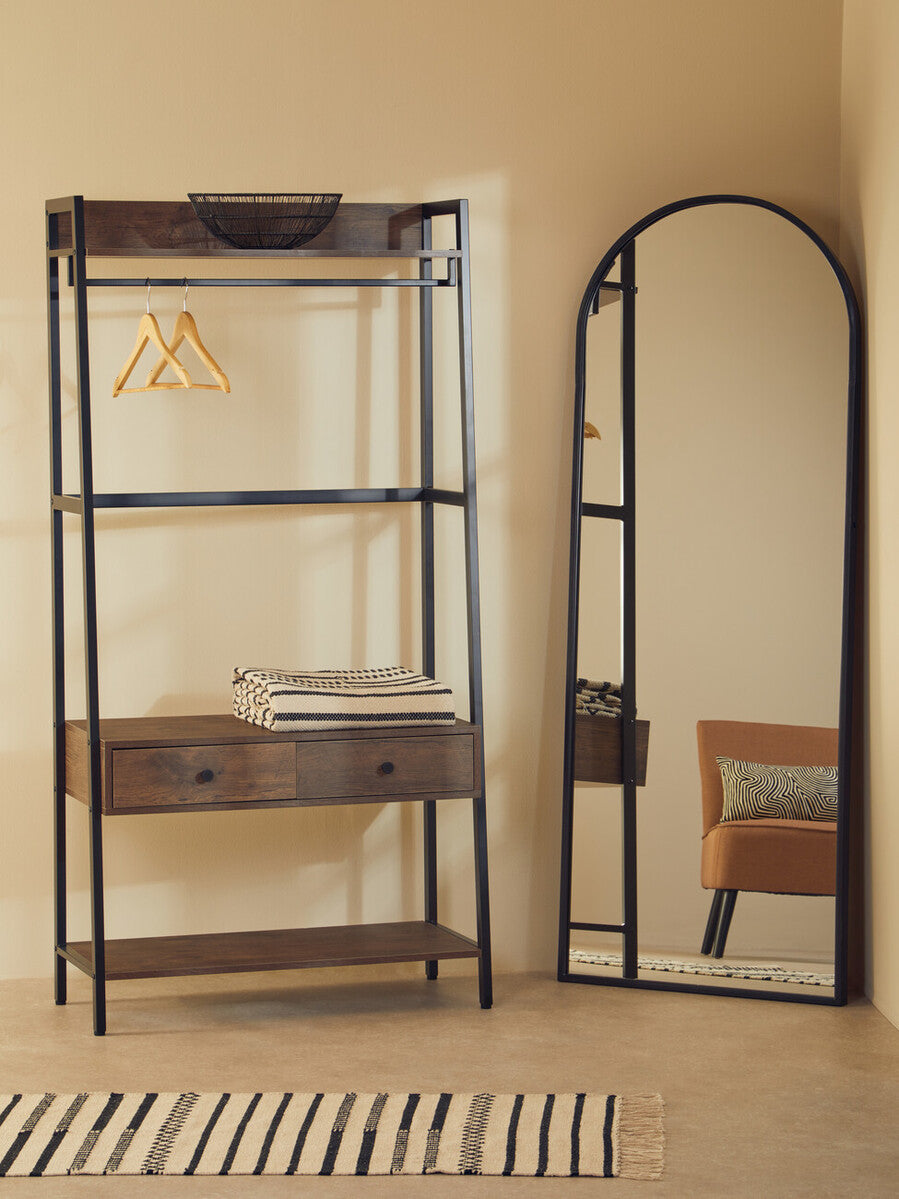 Black metal-framed arched mirror with sleek minimalist design complements bradbury dark oak effect open wardrobe