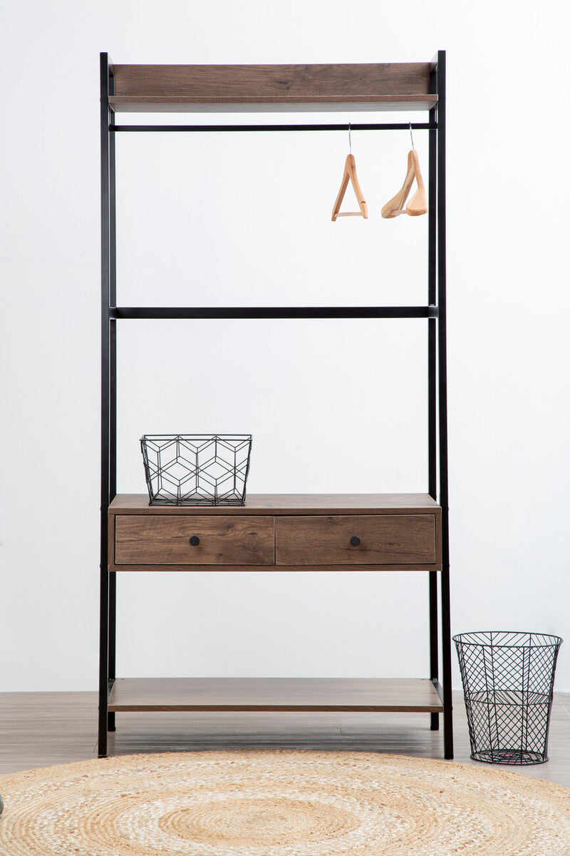 Black metal and wood multi-shelf coat rack with drawers and wire baskets in bradbury dark oak effect finish