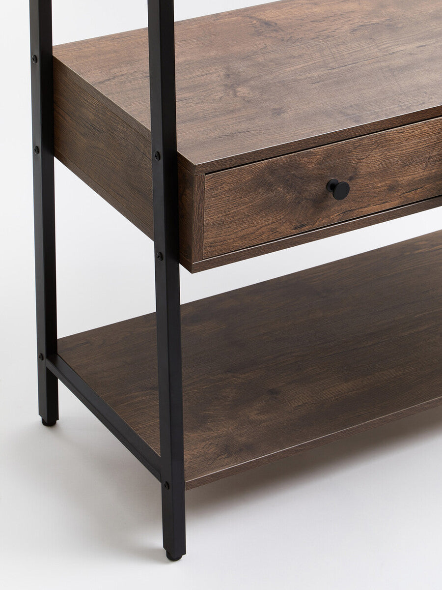 Dark brown wood console table with black metal legs and single drawer knob in bradbury dark oak effect style