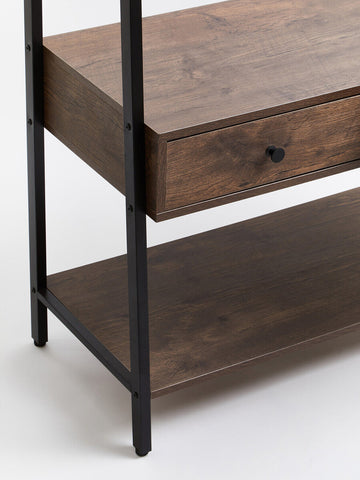 Dark brown wood console table with black metal legs and single drawer knob in bradbury dark oak effect style