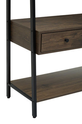 Dark brown wood console table with black metal legs and drawer knob in bradbury dark oak effect style