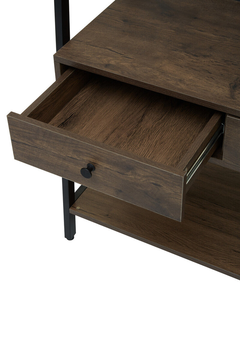 Dark brown wooden desk with single drawer and black knob complementing bradbury dark oak effect open wardrobe