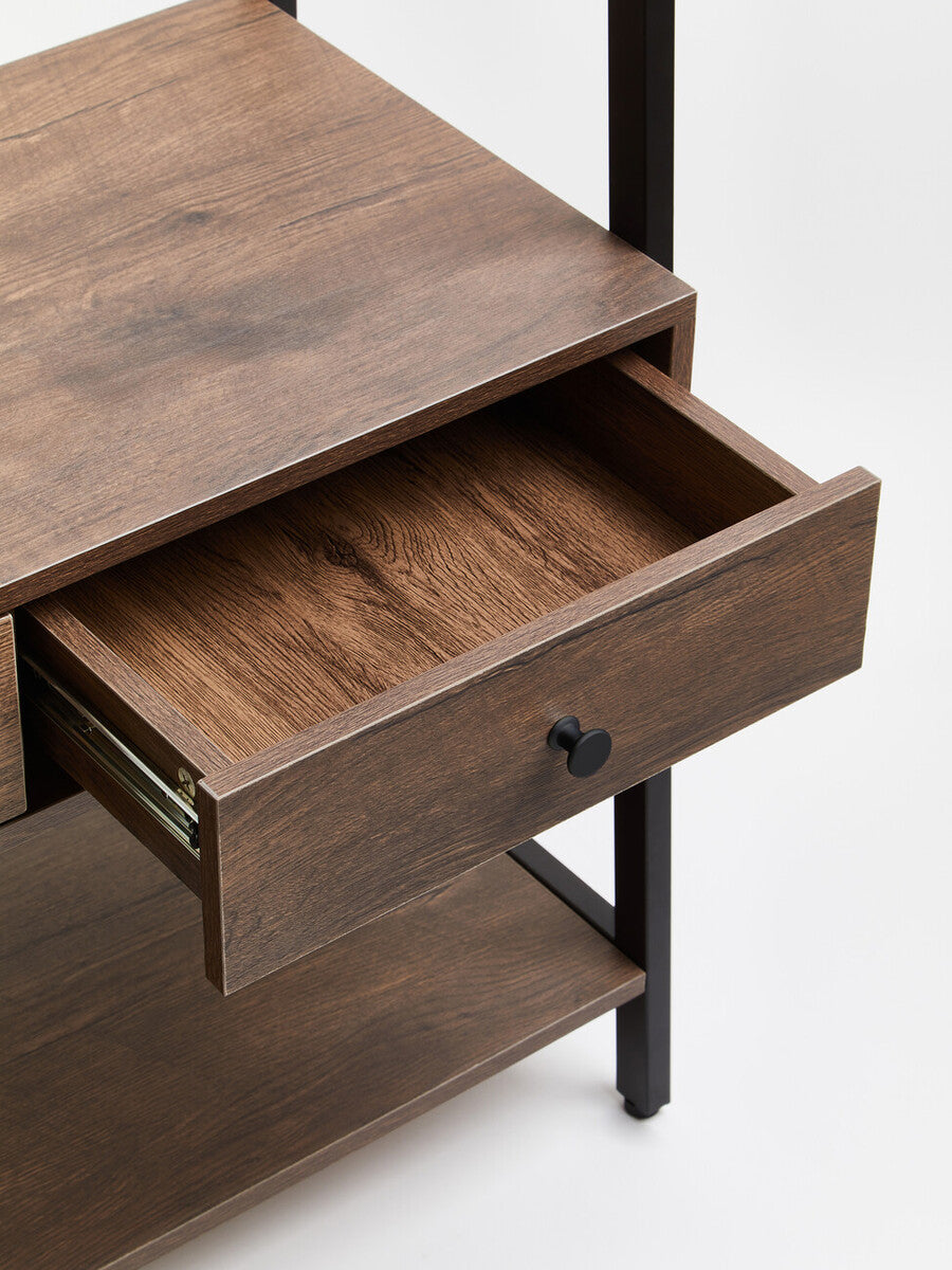 Dark brown wooden side table with single drawer and black metal legs in bradbury dark oak style