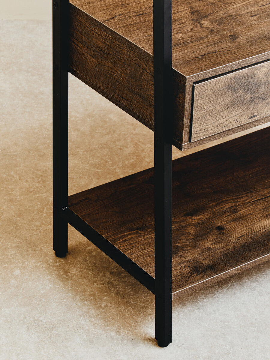 Industrial-style side table with dark oak wood grain finish and black metal legs from bradbury dark oak range