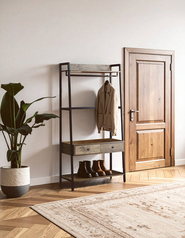 Industrial-style bradbury dark oak open wardrobe with black metal frame rustic wood shelves jacket hanging and drawers storage