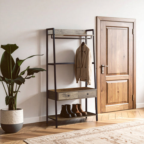 Industrial-style bradbury dark oak entryway rack with black metal frame, rustic wood shelves holding coat and boots