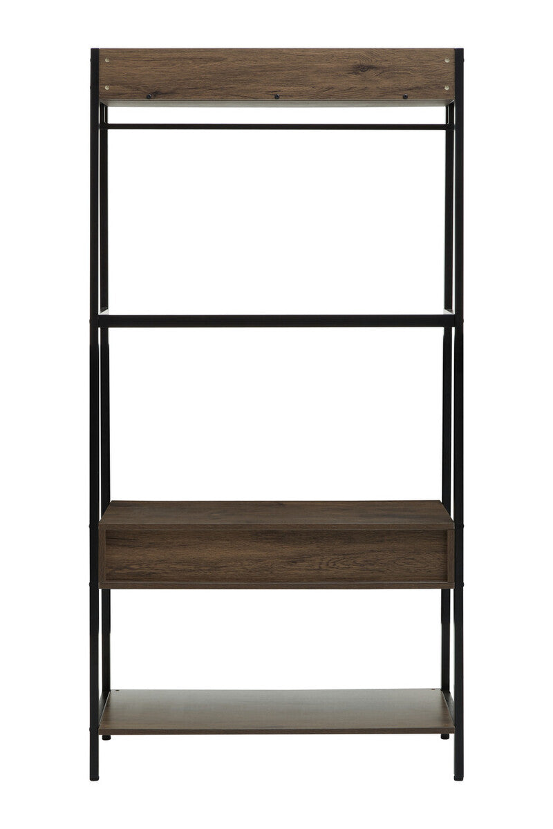 Modern industrial bradbury dark oak open wardrobe with black metal frame and dark wood shelves plus hanging bar