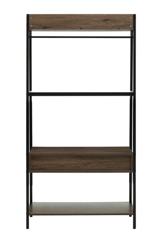 Modern industrial bradbury dark oak open wardrobe with black metal frame and dark wood shelves plus hanging bar