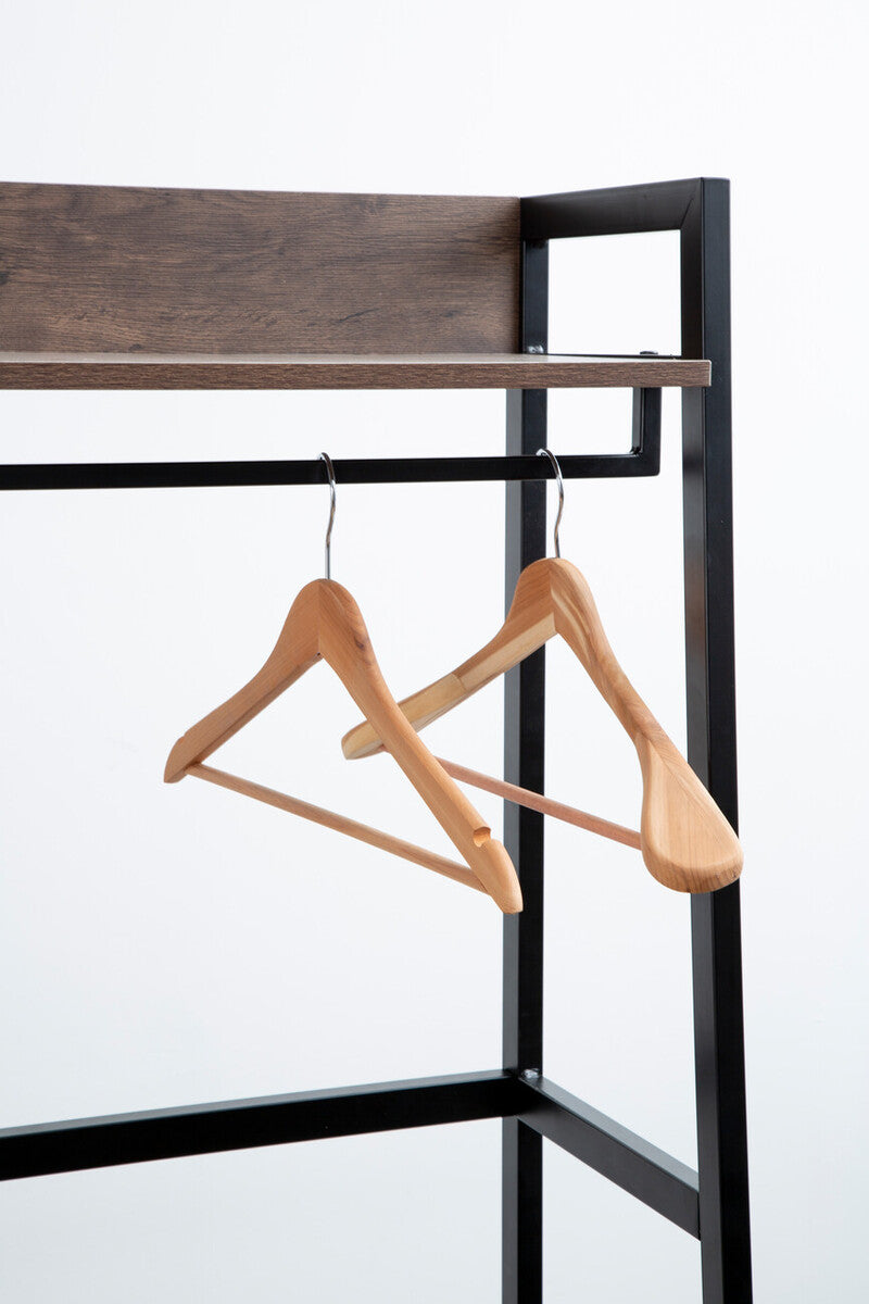 Two light wooden hangers with rounded edges hanging on a black rack in a bradbury dark oak effect open wardrobe