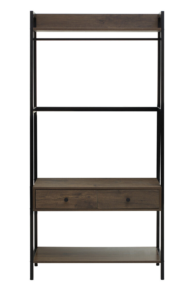 Dark wood and black metal ladder bookshelf with two drawers in bradbury dark oak effect open wardrobe design