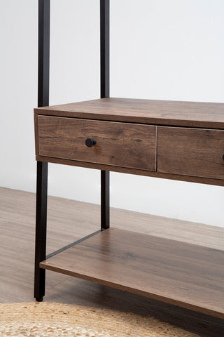 Dark wood console table with black metal legs and drawers featuring round black knobs in bradbury dark oak style