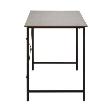 Black metal-framed desk with gray laminate top and dark oak veneer detailing for stylish office use